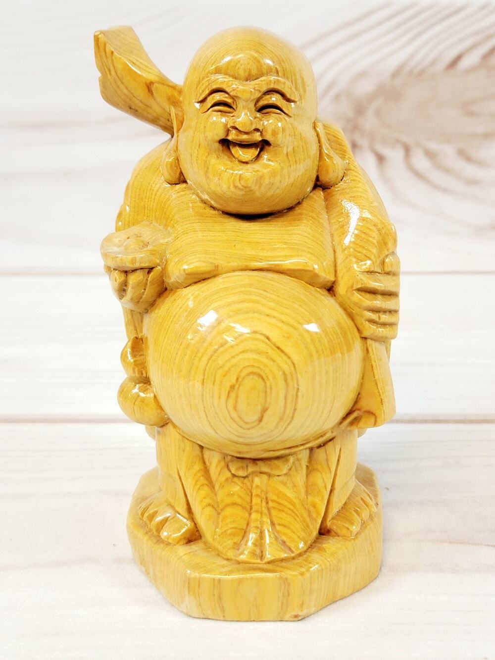 Hand Carved Wooden Laughing Buddha Statue Figurine Approximately 6.5” Tall